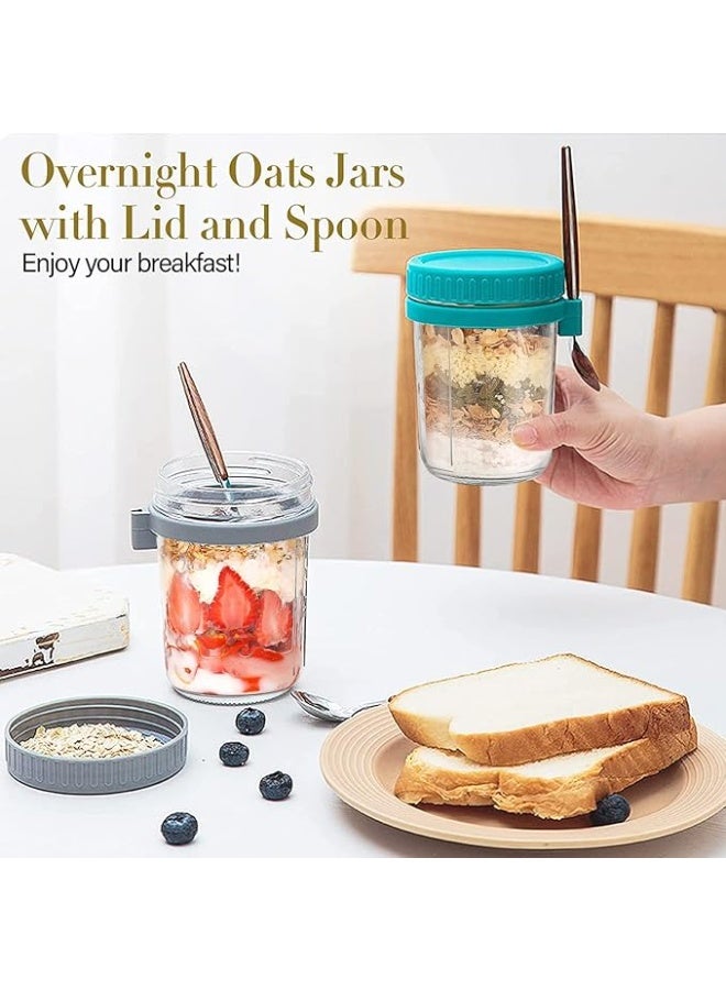 عبوة من قطعتين من برطمانات التخزين الزجاجية من مونكان مع أغطية محكمة الإغلاق وملعقة | برطمانات الشوفان الليلي، حاوية مزودة بعلامات قياس، برطمانات محمولة واسعة الفوهة، حاوية إفطار للسلطات والزبادي وحليب الحبوب ودقيق الشوفان والمزيد 300 مل (أخضر ورمادي) - Image 5